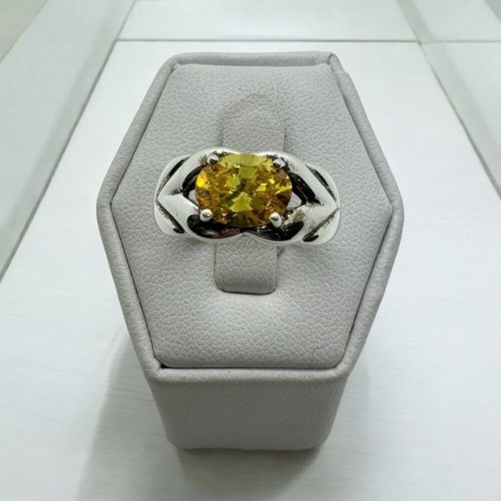 Sterling Silver Diamonique Oval Yellow CZ Ring size 8 Ribbed Sides .925‎ Vintage